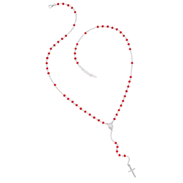 Ružovo pozlátený strieborný ružencový náhrdelník AMEN s červenými krištáľmi Rosary CROBR4