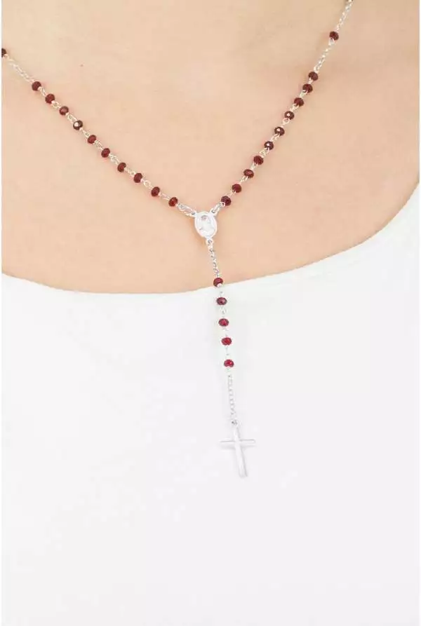 Ružovo pozlátený strieborný ružencový náhrdelník AMEN s červenými krištáľmi Rosary CROBR4 - 2