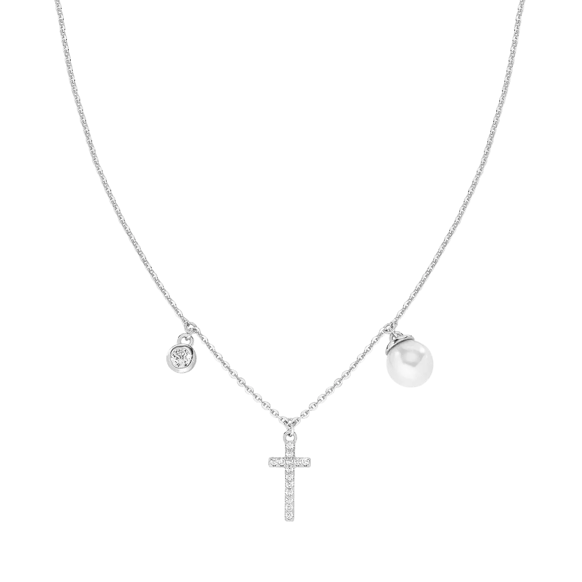 Strieborný náhrdelník AMEN s perlou a krížikom so zirkómni 