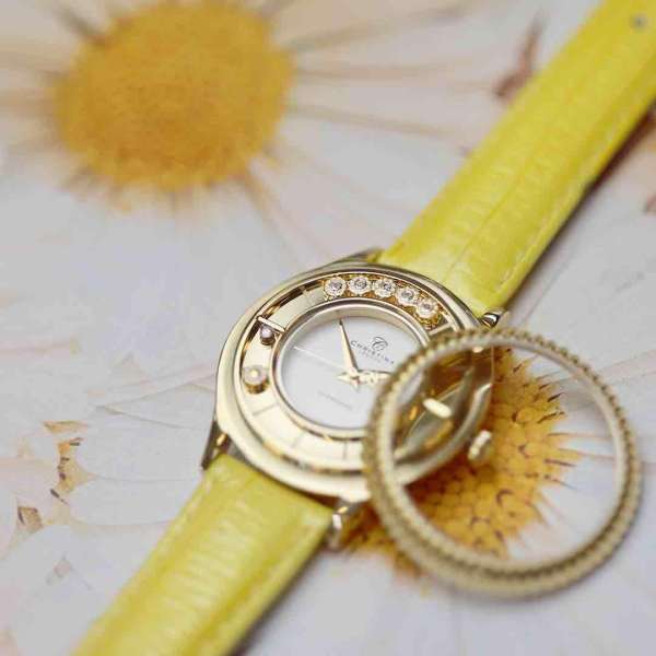 Vrchné Lunety pre hodinky Christina Collect - collect-ur med gul læderrem og margurit.jpg