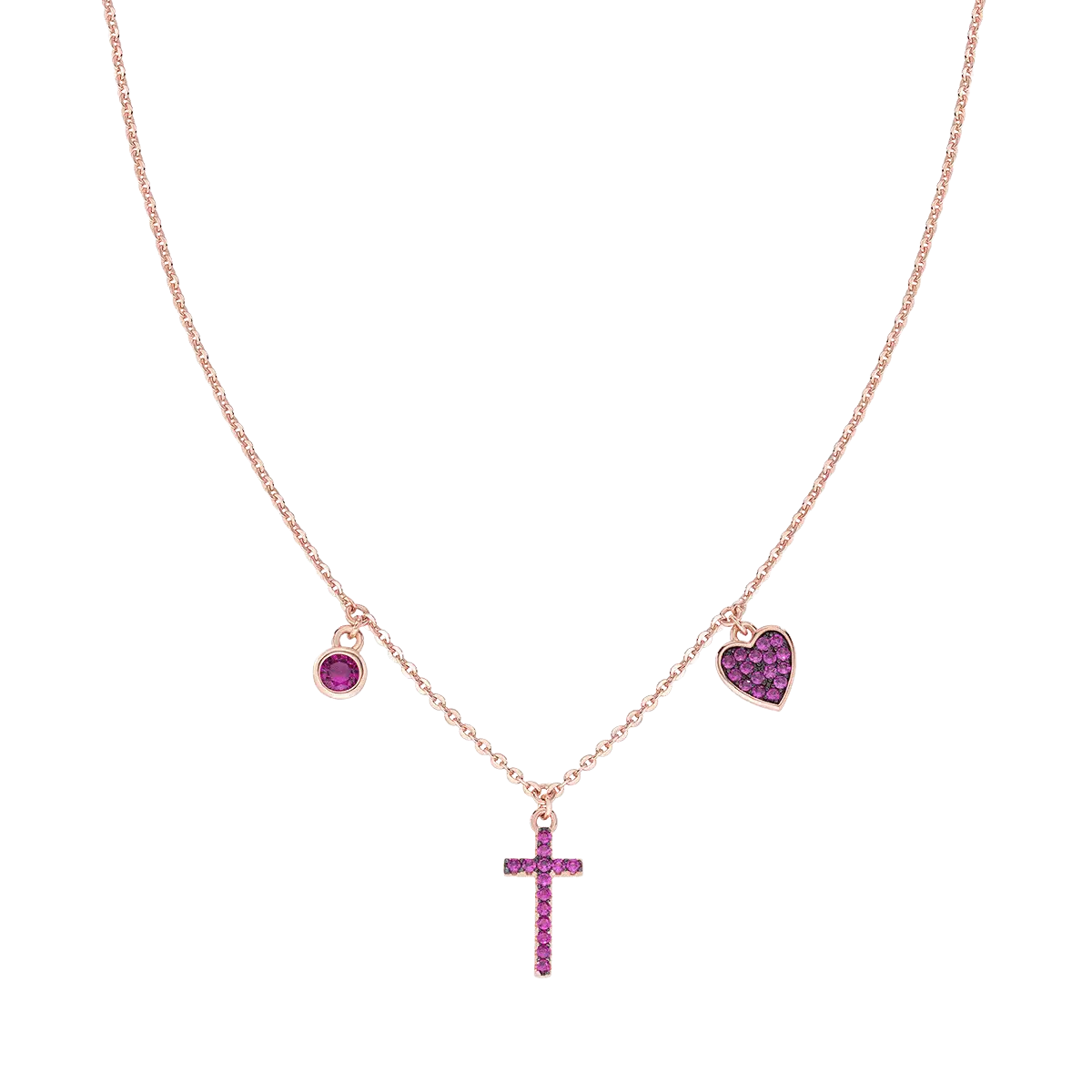 Dámsky náhrdelník AMEN s krížom a srdcom s ružovými zirkónmi