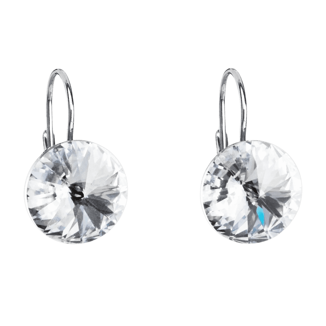 Strieborné náušnice visiace s kryštálmi Swarovski biele okrúhle 31106.1 2