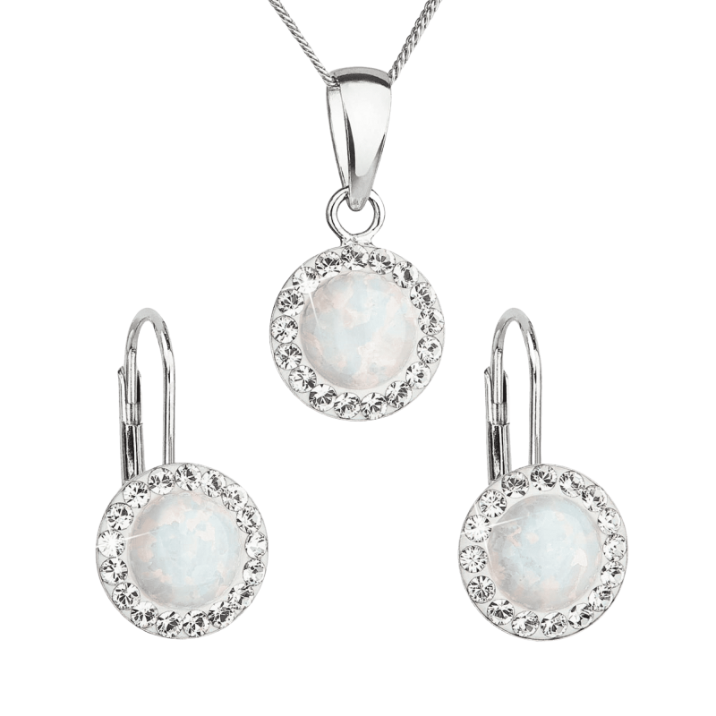 Sada šperkov so syntetickým opálom a krištáľmi Swarovski náušnice a prívesok biele okrúhle 4g 39160.1 2