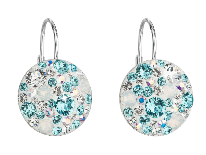 Strieborné náušnice visiace s krištálmi Swarovski modré okrúhle TYRKYS 31176.3 2