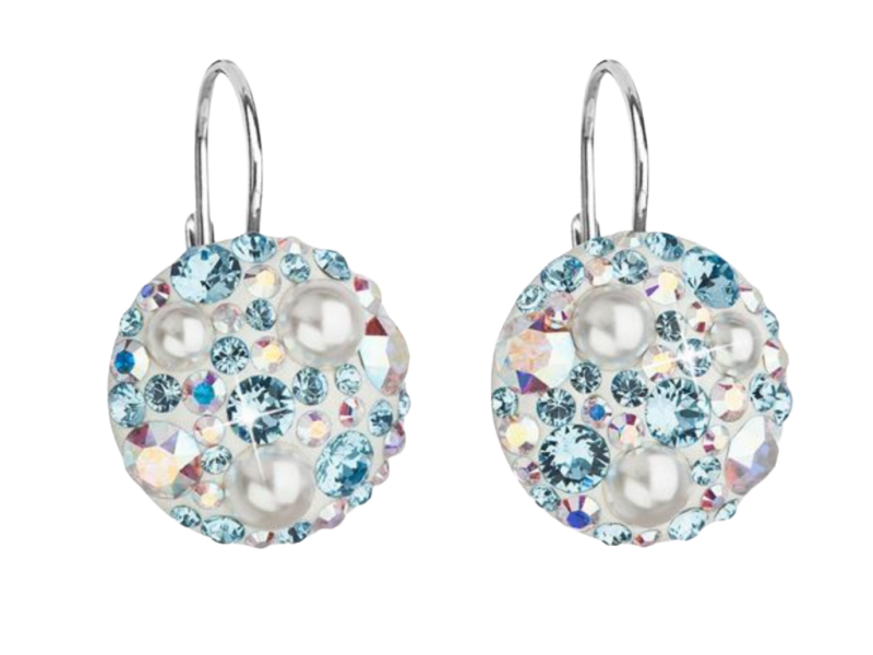 Strieborné náušnice visiace s krištálmi Swarovski okrúhle AQUA AB 31183.9 2