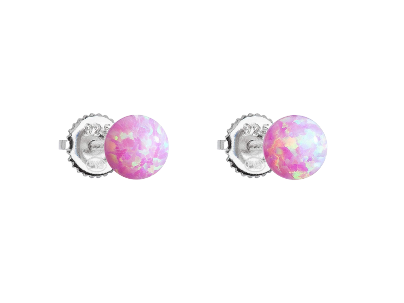 Strieborné náušnice perličky so syntetickým opálom svetlo ružové okrúhle 11246.3 pink opal 2