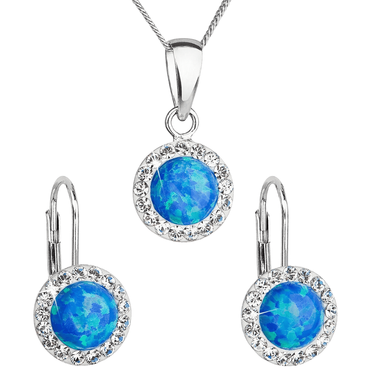 Sada šperkov so syntetickým opálom a krištáľmi Swarovski náušnice a prívesok modré okrúhle 39160.1 2